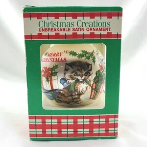 Vtg 80s Kitty Cat Puppy Dog Satin Ball Unbreakable Ornament Christmas Creations